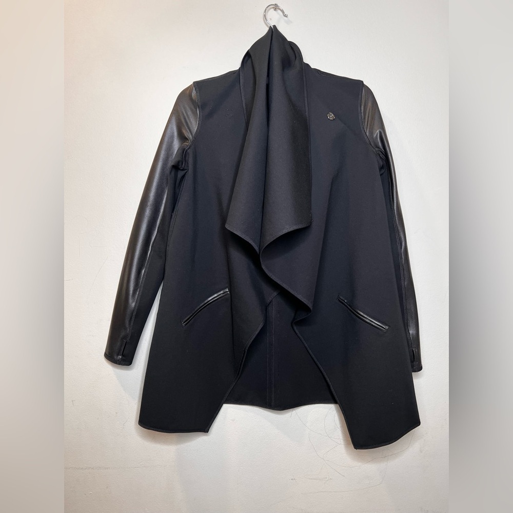 Spanx Drape Front Black Faux Leather Open Front Coat Cardigan Size XS - Picture 3 of 6